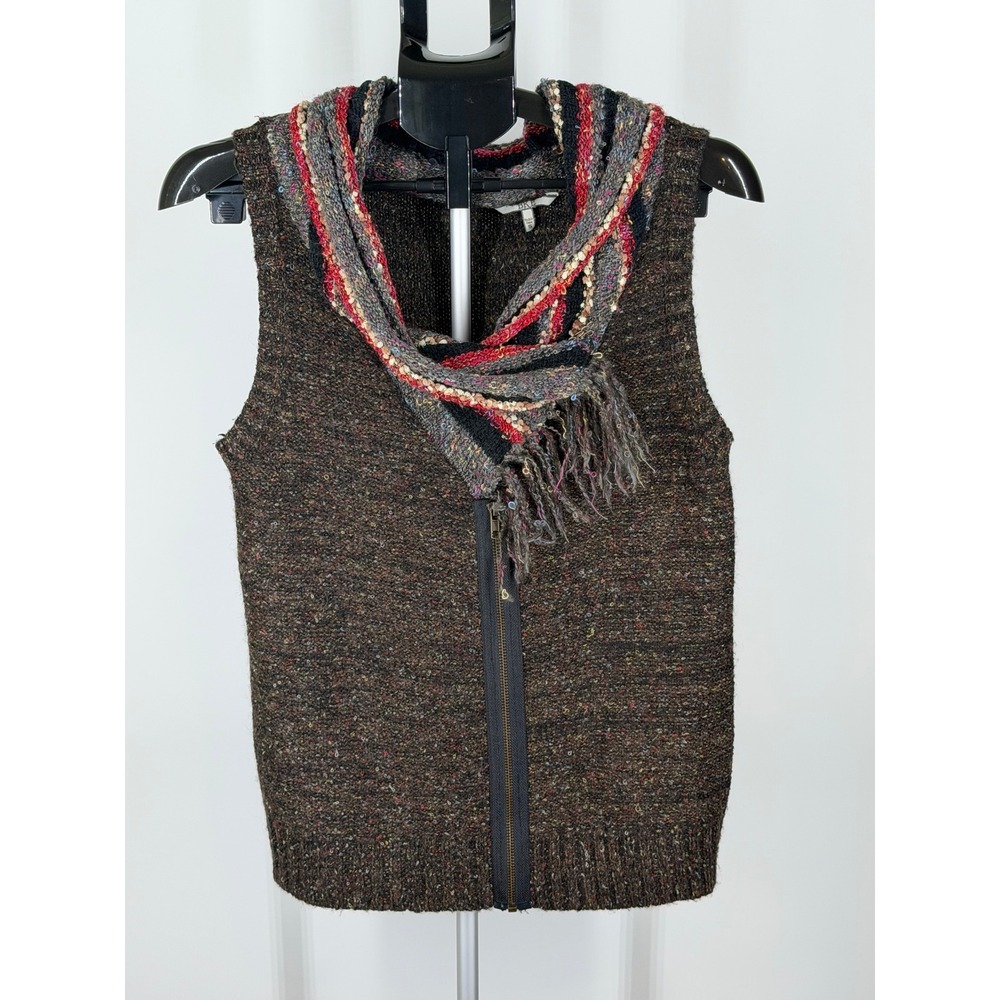 DKNY Jeans Brown Marled Sequin Zip Front Sweater Vest with Attached Scarf Small